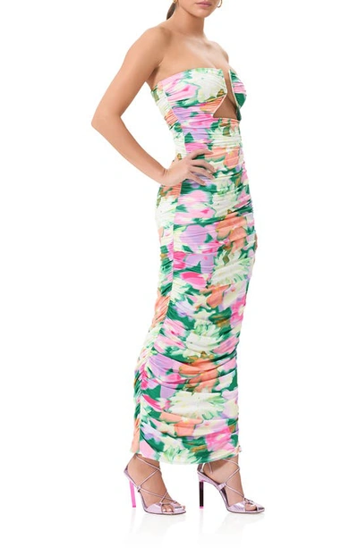 Shop Afrm Alisha Ruched Cutout Strapless Maxi Dress In Spring Blossom