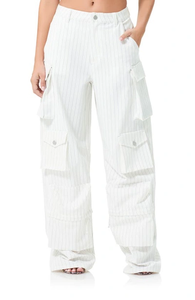 Shop Afrm Parker Pinstripe Wide Leg Cargo Pants In White Grey Pinstripe