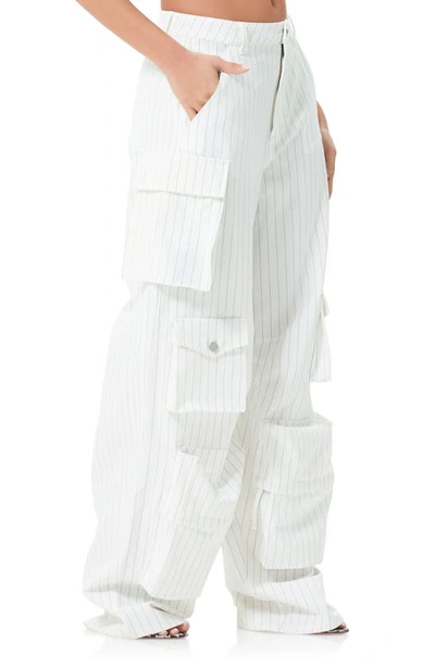 Shop Afrm Parker Pinstripe Wide Leg Cargo Pants In White Grey Pinstripe