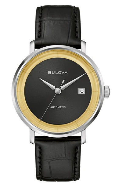 Bulova Men's Classic Frank Sinatra Rat Pack Automatic Black Leather Strap Watch 40mm In Silverone