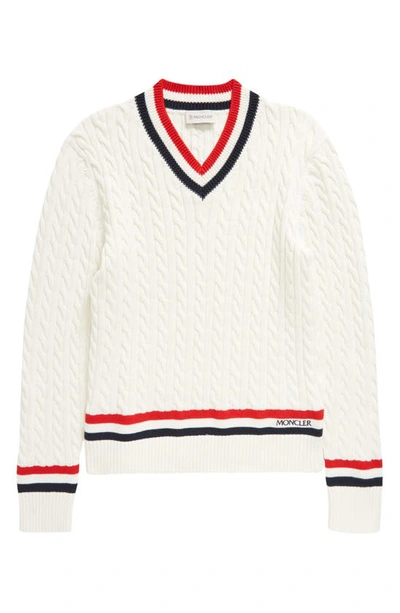Shop Moncler Kids' Tricolor Trim Cable Cotton Sweater In White