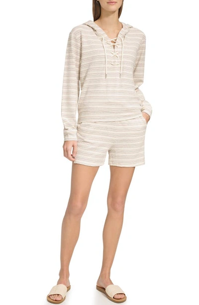 Shop Andrew Marc Heritage Stripe Lace-up Pullover Hoodie In Oatmeal Combo