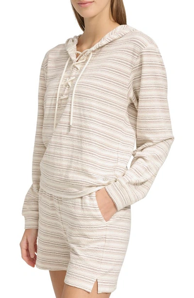 Shop Andrew Marc Heritage Stripe Lace-up Pullover Hoodie In Oatmeal Combo