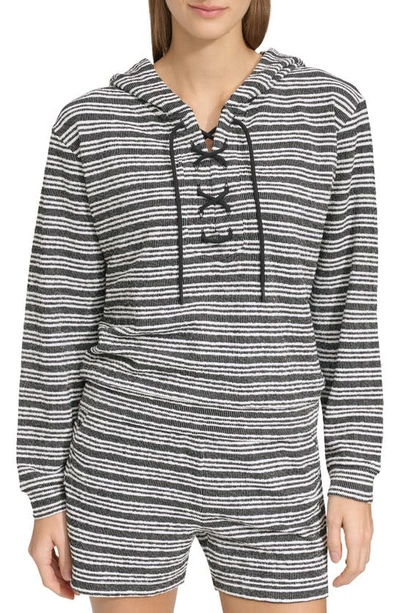 Shop Andrew Marc Heritage Stripe Lace-up Pullover Hoodie In Black/ White Combo