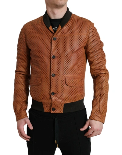 Shop Dolce & Gabbana Elegant Leather Perforated Bomber Men's Jacket In Brown