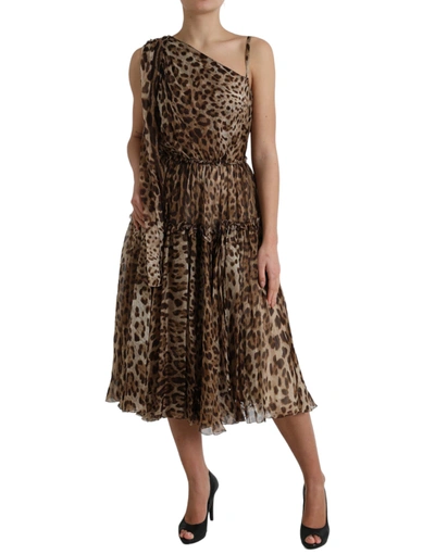 Shop Dolce & Gabbana Elegant One-shoulder Leopard Midi Women's Dress In Brown