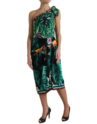 Shop Dolce & Gabbana Tropical Jungle Print One-shoulder Women's Dress In Green