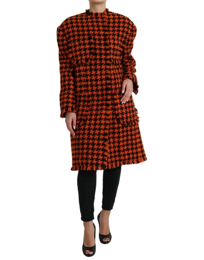 Shop Dolce & Gabbana Elegant Houndstooth Long Coat In Vibrant Women's Orange
