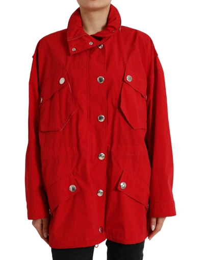 Shop Dolce & Gabbana Red Polyester Hooded Button Rain Coat Women's Jacket