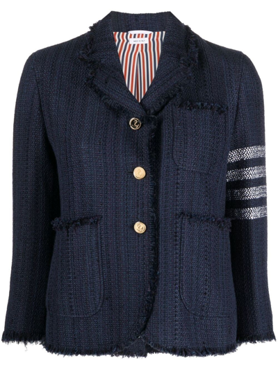 Shop Thom Browne Tweed Fray 4-bar Cropped Jacket In Blue