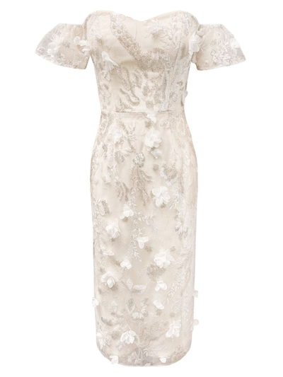 Shop Dress The Population Women's Tara Floral Appliqué Midi-dress In White Multi
