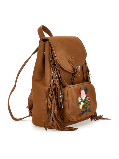 Monnalisa Microfiber Backpack With Fringes In Caramel