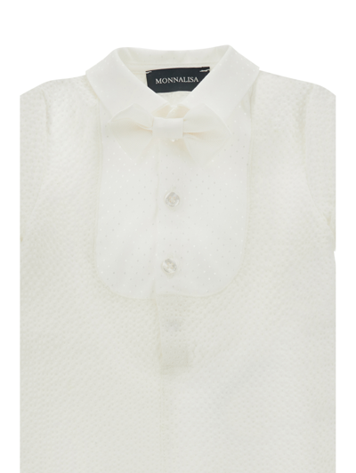 Monnalisa Seersucker Romper With Plastron In Cream