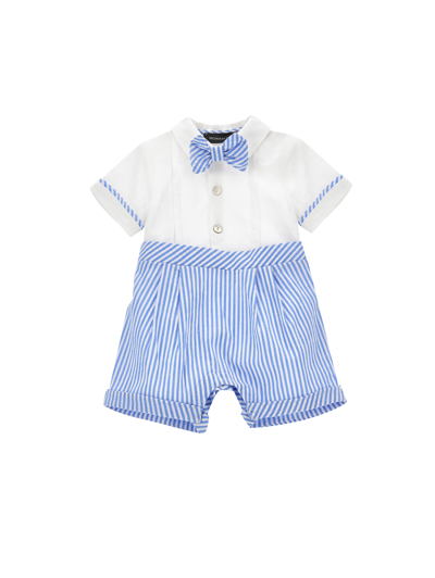 Shop Monnalisa Linen Romper With Bow Tie In White + Cloud