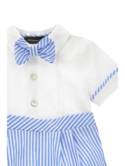 Monnalisa Linen Romper With Bow Tie In White + Cloud
