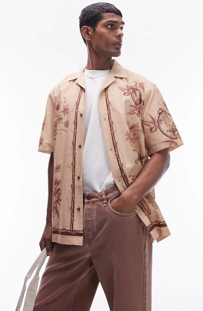 Shop Topman Relaxed Fit Border Camp Shirt In Beige Multi