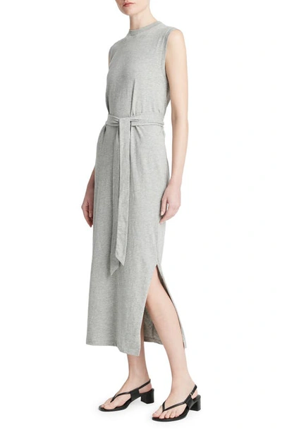 Shop Vince Sleeveless Cotton Knit Midi Dress In Heather Grey
