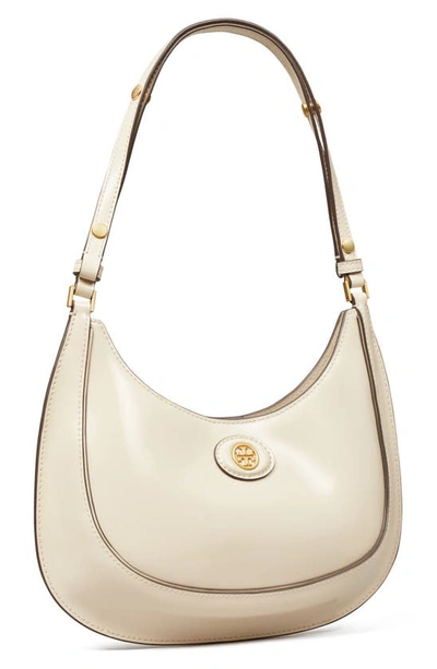 Shop Tory Burch Robinson Spazzolato Crescent Leather Shoulder Bag In Shea Butter