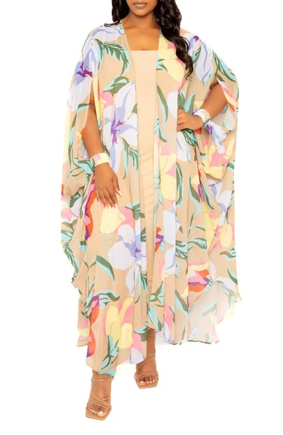 Shop Buxom Couture Floral Chiffon Robe With Wrist Bands In Beige Multi