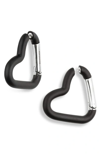 Shop Balenciaga Love Carabiner Heart Hoop Earrings In Matte Black/silver