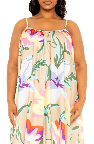 Shop Buxom Couture Floral Print Voluminous Sleeveless Maxi Dress In Beige Multi
