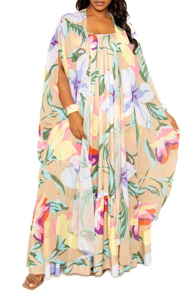 Shop Buxom Couture Floral Print Voluminous Sleeveless Maxi Dress In Beige Multi