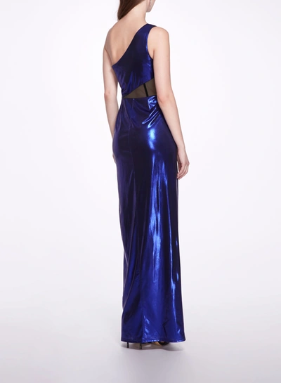 Shop Marchesa Side Cut-out Foiled Gown In Sapphire