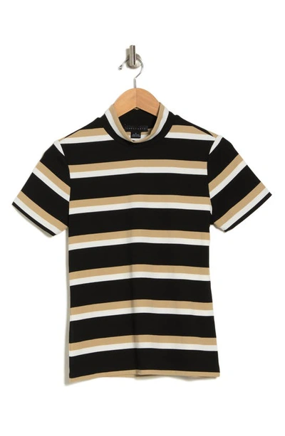 Shop Sanctuary Essential Stripe Mock Neck Ribbed T-shirt In Black/ Milk/ Tan Stripe