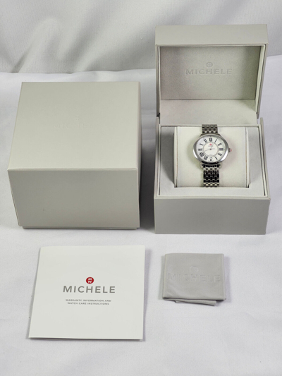Pre-owned Michele Serein Mid 16 Silver Diamond Watch & Stainless Band Mww21b000009