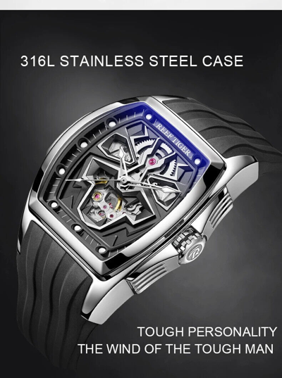 Pre-owned Reef Tiger Men Automatic Watch Luxury Mechanical Tonneau Case Luminous Skeleton