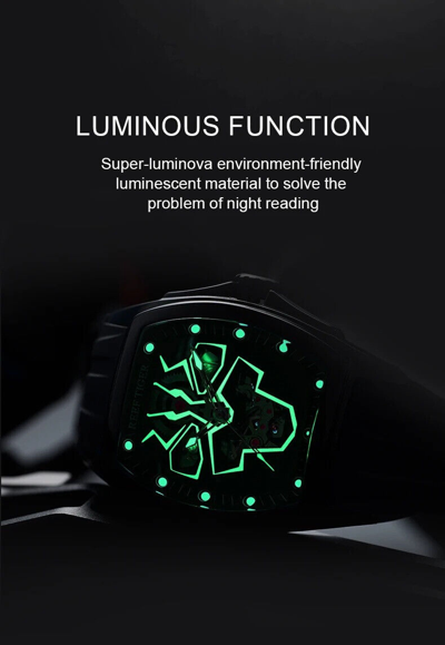 Pre-owned Reef Tiger Men Automatic Watch Luxury Mechanical Tonneau Case Luminous Skeleton