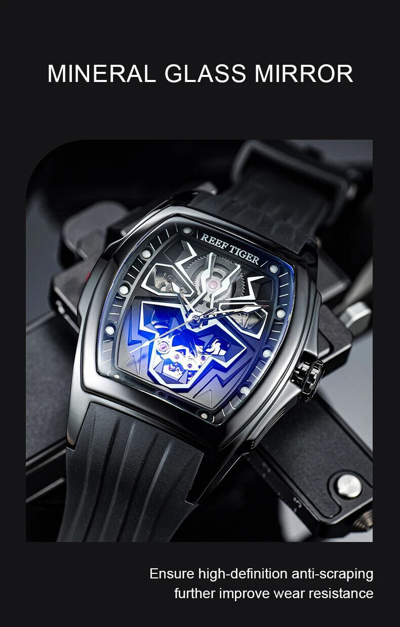 Pre-owned Reef Tiger Men Automatic Watch Luxury Mechanical Tonneau Case Luminous Skeleton