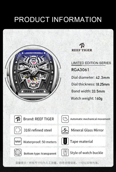 Pre-owned Reef Tiger Men Automatic Watch Luxury Mechanical Tonneau Case Luminous Skeleton