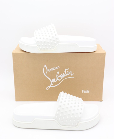 Pre-owned Christian Louboutin Pool Fun Flat Spiked White Leather Slide Sandals 13 46