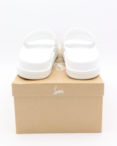 Pre-owned Christian Louboutin Pool Fun Flat Spiked White Leather Slide Sandals 13 46