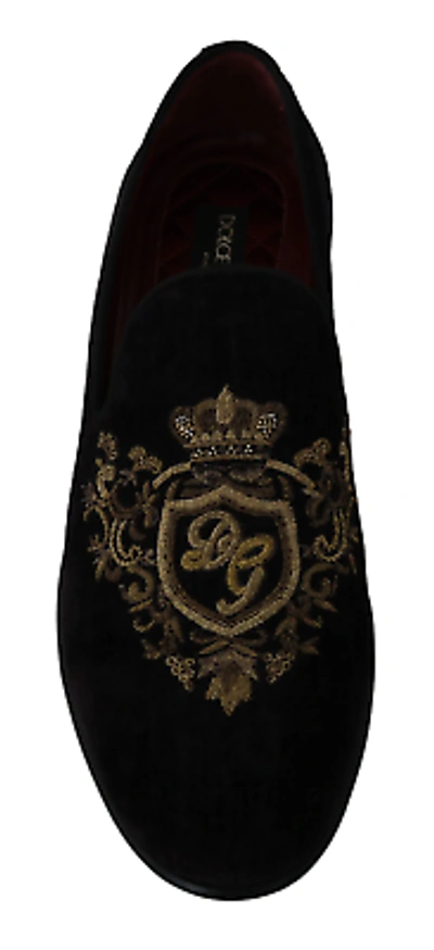 DOLCE & GABBANA Pre-owned Elegant Black Loafers With Gold Crown Embroidery In Brown