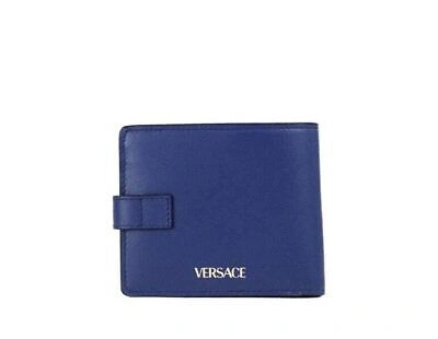 Pre-owned Versace Navy Blue Compact Smooth Leather Gold Toned Medusa Snap Bifold Wallet