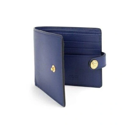 Pre-owned Versace Navy Blue Compact Smooth Leather Gold Toned Medusa Snap Bifold Wallet