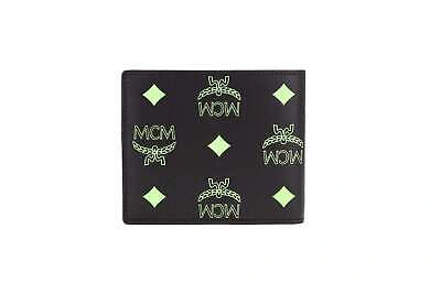 Pre-owned Mcm Small Black Summer Green Smooth Visetos Monogram Logo Leather Bifold Wallet