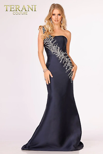 Pre-owned Terani Couture 231p0176 Evening Dress Lowest Price Guarantee Authentic In Navy