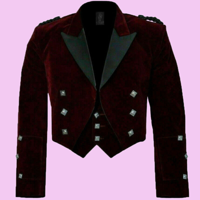 Pre-owned Handmade Scottish Highland Velvet Prince Charlie Kilt Jacket With Waistcoat In Red