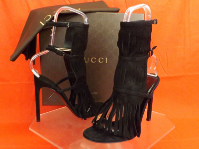 Pre-owned Gucci Black Suede Fringe Becky Gladiator Heel Tall Sandals 37 7