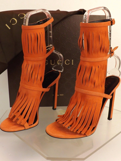 Pre-owned Gucci Dark Orange Suede Fringe Becky Gladiator Heel Tall Sandals 36.5 6.5