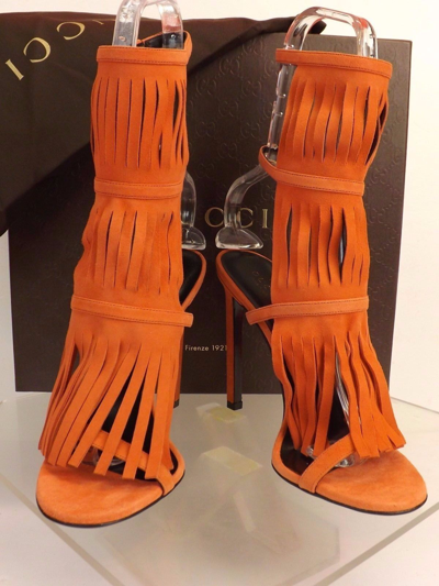 Pre-owned Gucci Dark Orange Suede Fringe Becky Gladiator Heel Tall Sandals 36.5 6.5