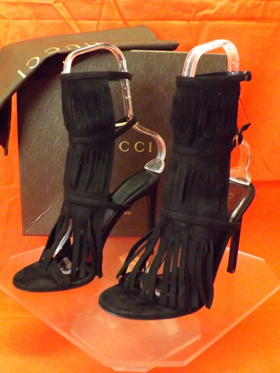 Pre-owned Gucci Black Suede Fringe Becky Gladiator Heel Tall Sandals 37 7