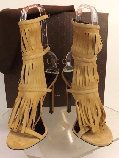Pre-owned Gucci Beige Camelia Suede Fringe Becky Gladiator Heel Tall Sandals 37 7