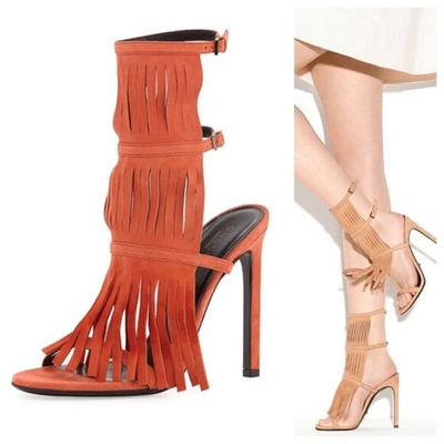 Pre-owned Gucci Dark Orange Suede Fringe Becky Gladiator Heel Tall Sandals 36.5 6.5