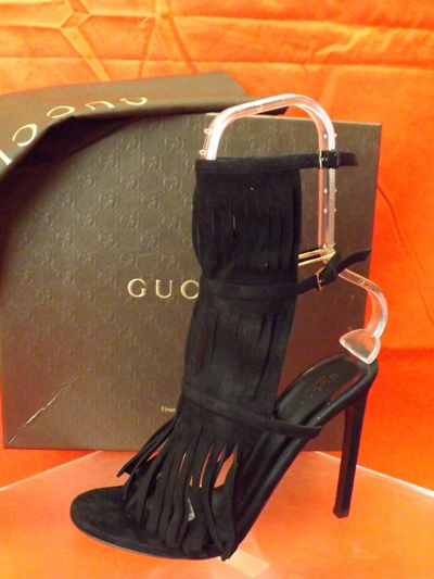 Pre-owned Gucci Black Suede Fringe Becky Gladiator Heel Tall Sandals 37 7