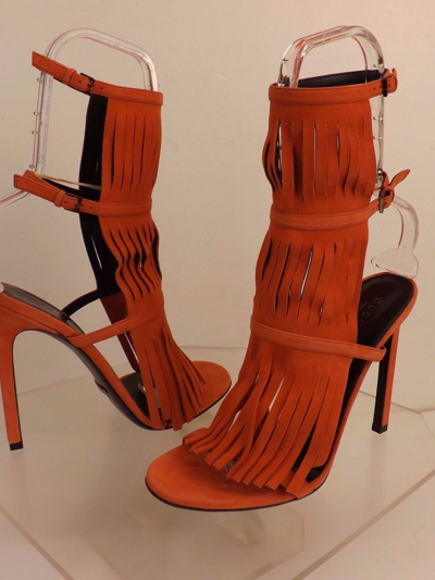 Pre-owned Gucci Dark Orange Suede Fringe Becky Gladiator Heel Tall Sandals 36.5 6.5