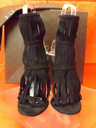 Pre-owned Gucci Black Suede Fringe Becky Gladiator Heel Tall Sandals 37 7